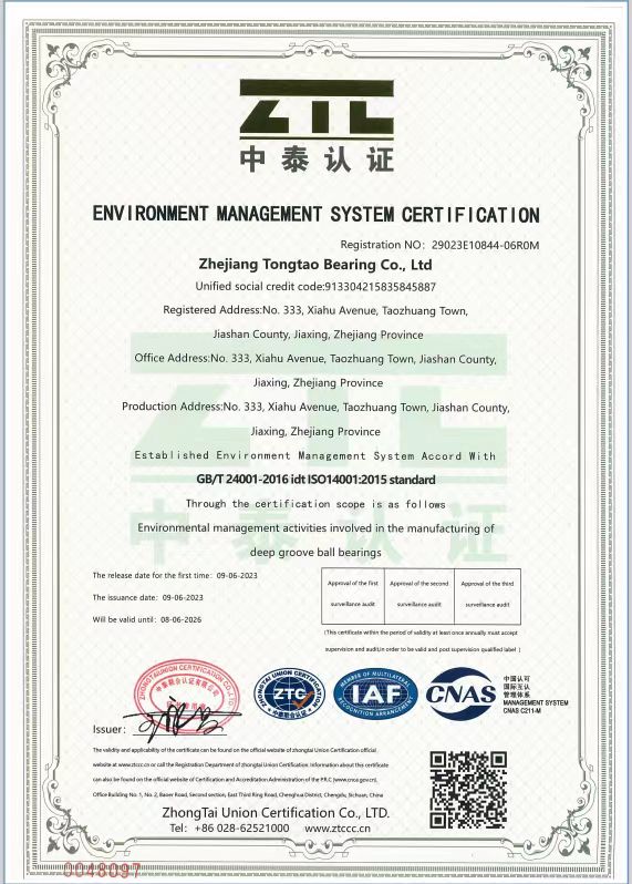 OTT Bearing ISO 14001:2015 certificate